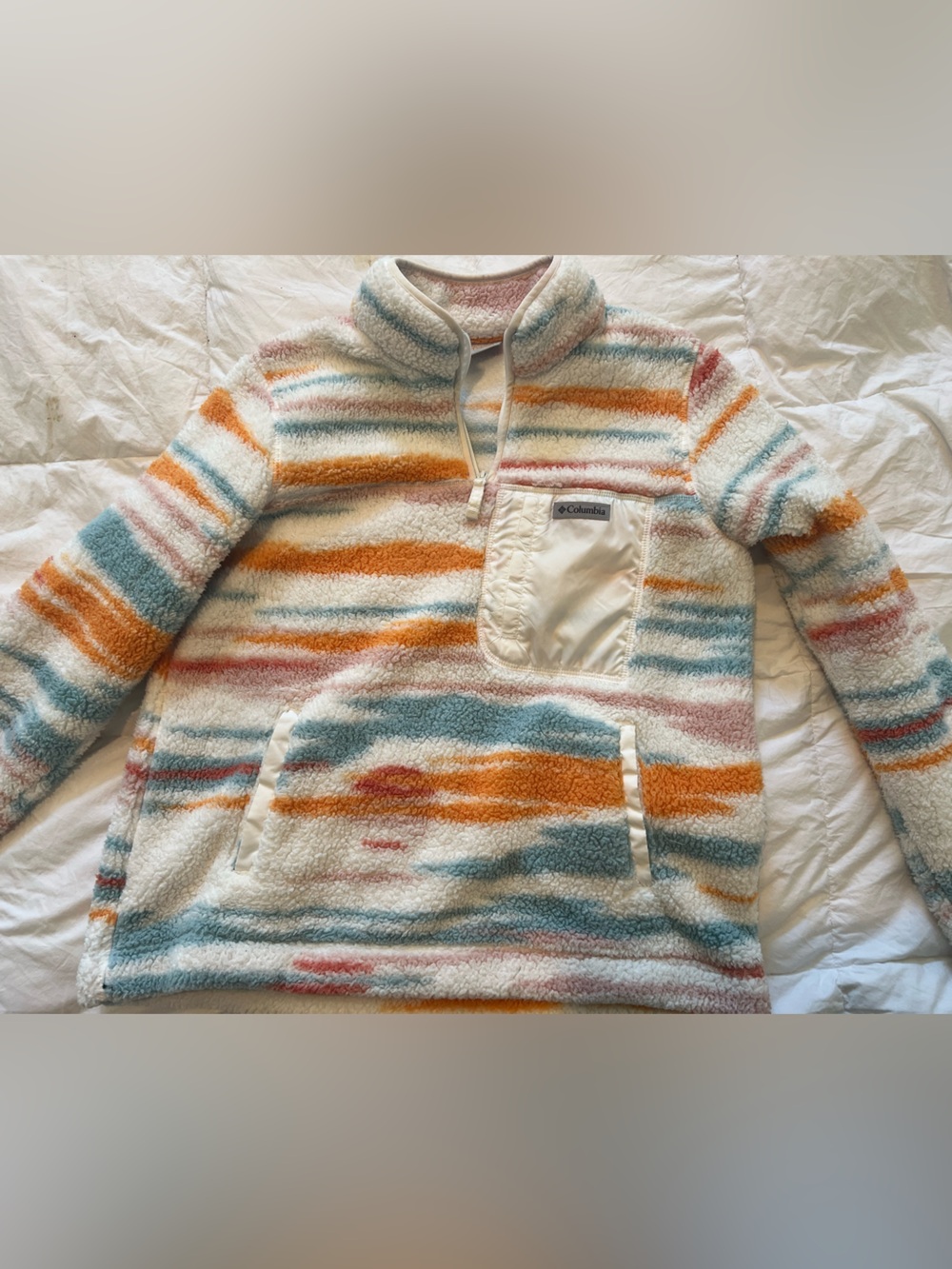Columbia Cream striped Sherpa fleece Pullover half zip women’s large
